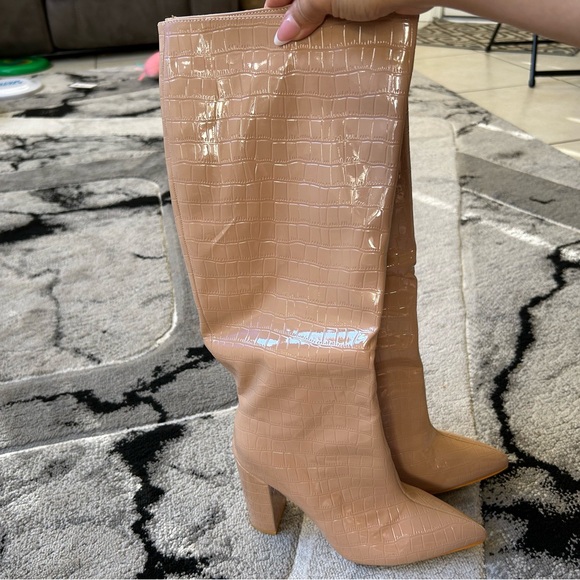 Patent Croc-Embossed Knee Boots in Nude - Women's Fashion Boots - Picture 3 of 4